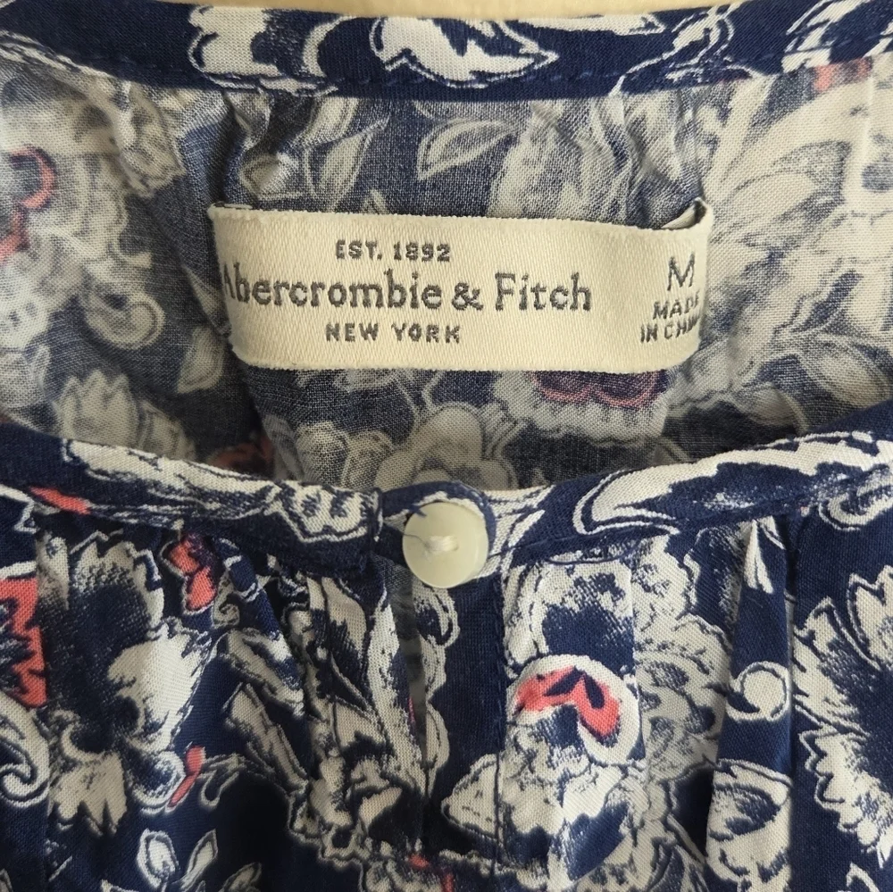 Abercrombie & Fitch | Navy White Pink Print Boho Puff Sleeve Top Round Hem